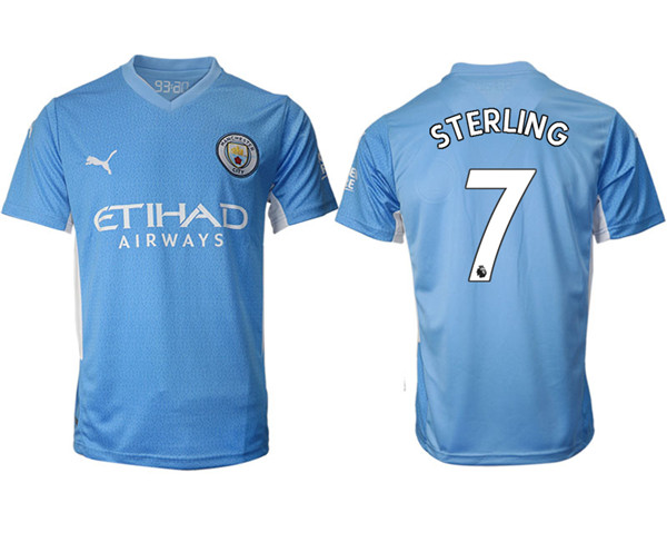 Men's Manchester City #7 Raheem Sterling 2021/22 Blue Home Soccer Jersey